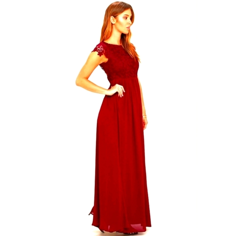 LULUS The Greatest Lace Maxi Dress Burgundy Crew Backless Cap Sleeves Sz SM NWT - Picture 8 of 15